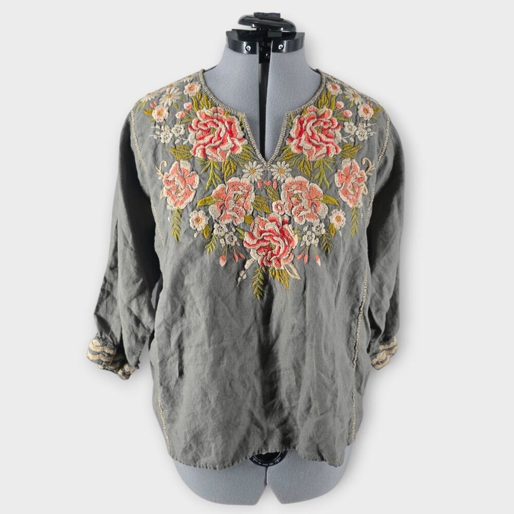 Johnny Was Cecile Boxy Blouse Womens L Embroidered Linen Boho 3/4 Sleeve *Flaw